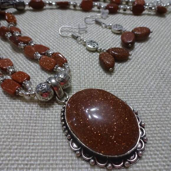 Beautiful GOLD SUNSTONE Sterling 925 Matching Necklace & Dangle Earrings #491C - Picture 4 of 4